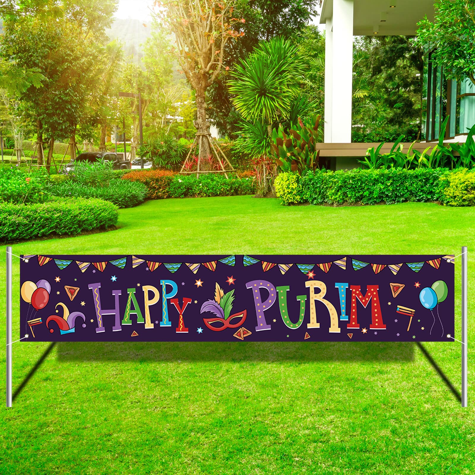 Large Happy Purim Banner for Fence Yard Garage Purim Decor Jewish Purim Decoration and Supplies for Home