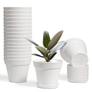t4u 4 inch plant pots 18-pack - small plastic planter with drainage hole and saucer, decorative nursery flower pot bulk for african violet, snake plant, succulent and all house plants indoor