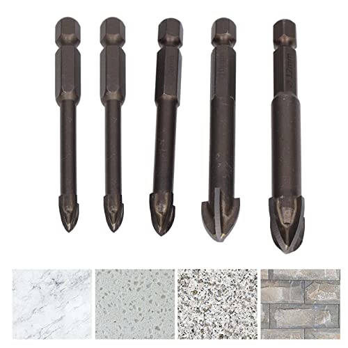 Walfront 5Pcs Masonry Drill Bits Set Carbide Hex Shank Cross Spear Head Drills Bits Concrete Hole Opener for Universal Metal Plastic Tile Cement Drilling Tool, Hole Saw