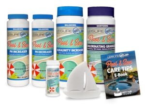 leisurequip pool & spa chlorine & balancer chemical startup bundle with test strips, scum absorber, & ebook for pools & hot tubs