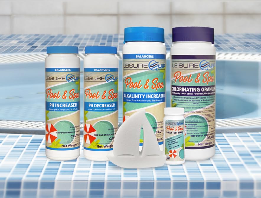 LeisureQuip Pool & Spa Chlorine & Balancer Chemical Startup Bundle with Test Strips, Scum Absorber, & Ebook for Pools & Hot Tubs