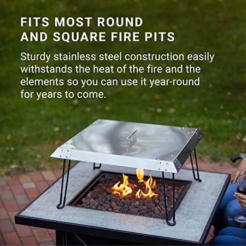 Radiate - Stainless Steel Fire Pit Cover - Square Heat Deflector for Outdoor - Traps and Directs Heat Outward - Includes Folding Legs with Carrying Handle (25 x 12.25 in)