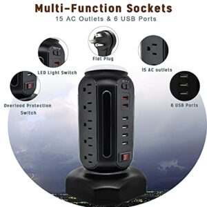 Tower Surge Protector Power Strip, Extension Cord with Multiple Outlets, 15 Outlets 6 USB Ports, Charging Station with Surge Protection, Such as laptops, Phones, Tablets, TV, Printers, smartwatch.