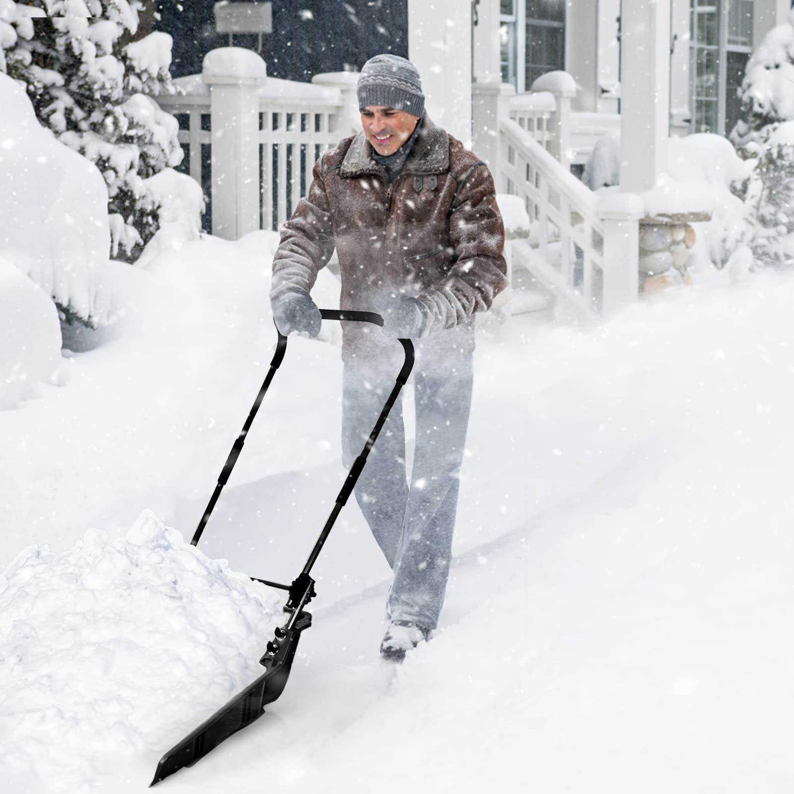 Hysache 26" Snow Shovel, Folding Snow Pusher Shovel w/Wheels & Adjustable Ergonomic Handle, Heavy Duty Rolling Snow Pusher for Driveway, Sidewalk, Patio (Black)