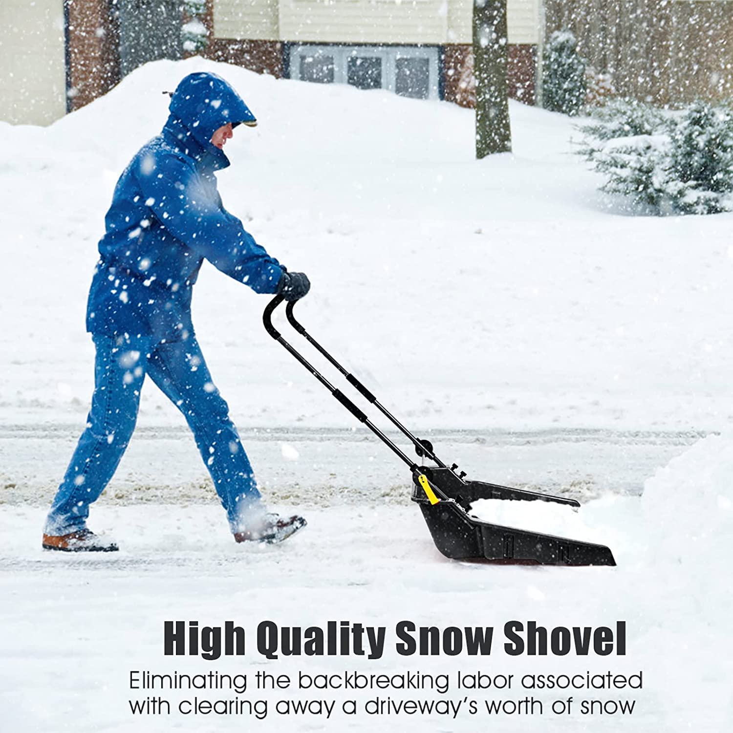 Hysache 26" Snow Shovel, Folding Snow Pusher Shovel w/Wheels & Adjustable Ergonomic Handle, Heavy Duty Rolling Snow Pusher for Driveway, Sidewalk, Patio (Black)