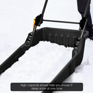 Hysache 26" Snow Shovel, Folding Snow Pusher Shovel w/Wheels & Adjustable Ergonomic Handle, Heavy Duty Rolling Snow Pusher for Driveway, Sidewalk, Patio (Black)