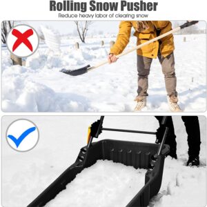 Hysache 26" Snow Shovel, Folding Snow Pusher Shovel w/Wheels & Adjustable Ergonomic Handle, Heavy Duty Rolling Snow Pusher for Driveway, Sidewalk, Patio (Black)