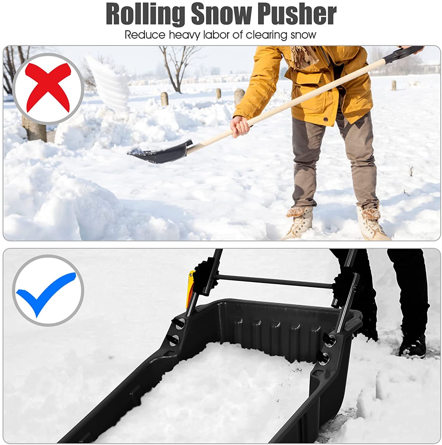 Hysache 26" Snow Shovel, Folding Snow Pusher Shovel w/Wheels & Adjustable Ergonomic Handle, Heavy Duty Rolling Snow Pusher for Driveway, Sidewalk, Patio (Black)