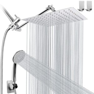shower head combo with 11'' extension arm，high pressure rain shower head with handheld shower spray and holder/ 1.5m hose，dual rainfall showerhead set，chrome (10 inch)
