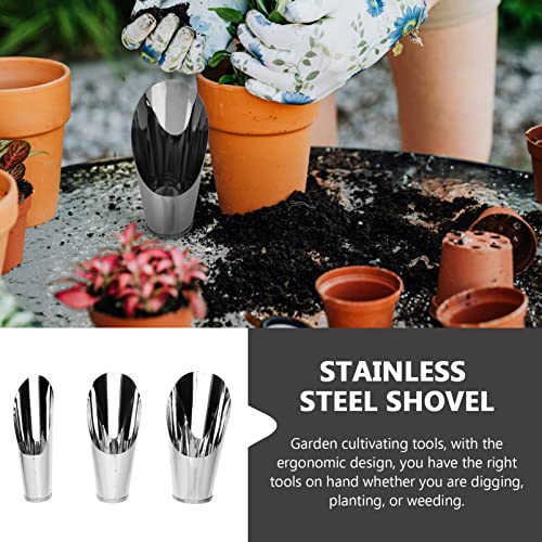 Happyyami 3pcs Bonsai Soil Scoops Stainless Steel Garden Hand Soil Scooper Metal Spade Shovel Bucket Scoop Potted Succulent Planting Potting Cup for Home Gardening Silver