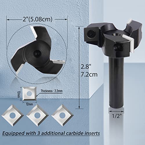 Virego CNC Spoilboard Surfacing Router Bit, 1/2" Shank 2" Cutting Diameter, Slab Flattening Router Bit Planing Bit, 3 Additional Replaceable Carbide Inserts