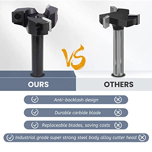 Virego CNC Spoilboard Surfacing Router Bit, 1/2" Shank 2" Cutting Diameter, Slab Flattening Router Bit Planing Bit, 3 Additional Replaceable Carbide Inserts