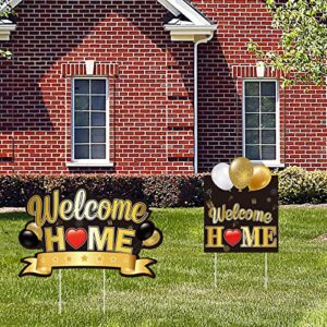 welcome yard sign home decoration with stakes welcome party lawn decor supplies patriotic homecoming military army deployment returning yard decor(black gold) 
