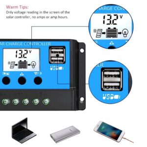 Y&H 10A 12V 24V PWM Solar Charge Controller Compact Design w/LCD Display Dual USB, Solar Panel Regulator fit for Lead-Acid Batteries Open AGM Gel