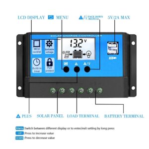 Y&H 10A 12V 24V PWM Solar Charge Controller Compact Design w/LCD Display Dual USB, Solar Panel Regulator fit for Lead-Acid Batteries Open AGM Gel