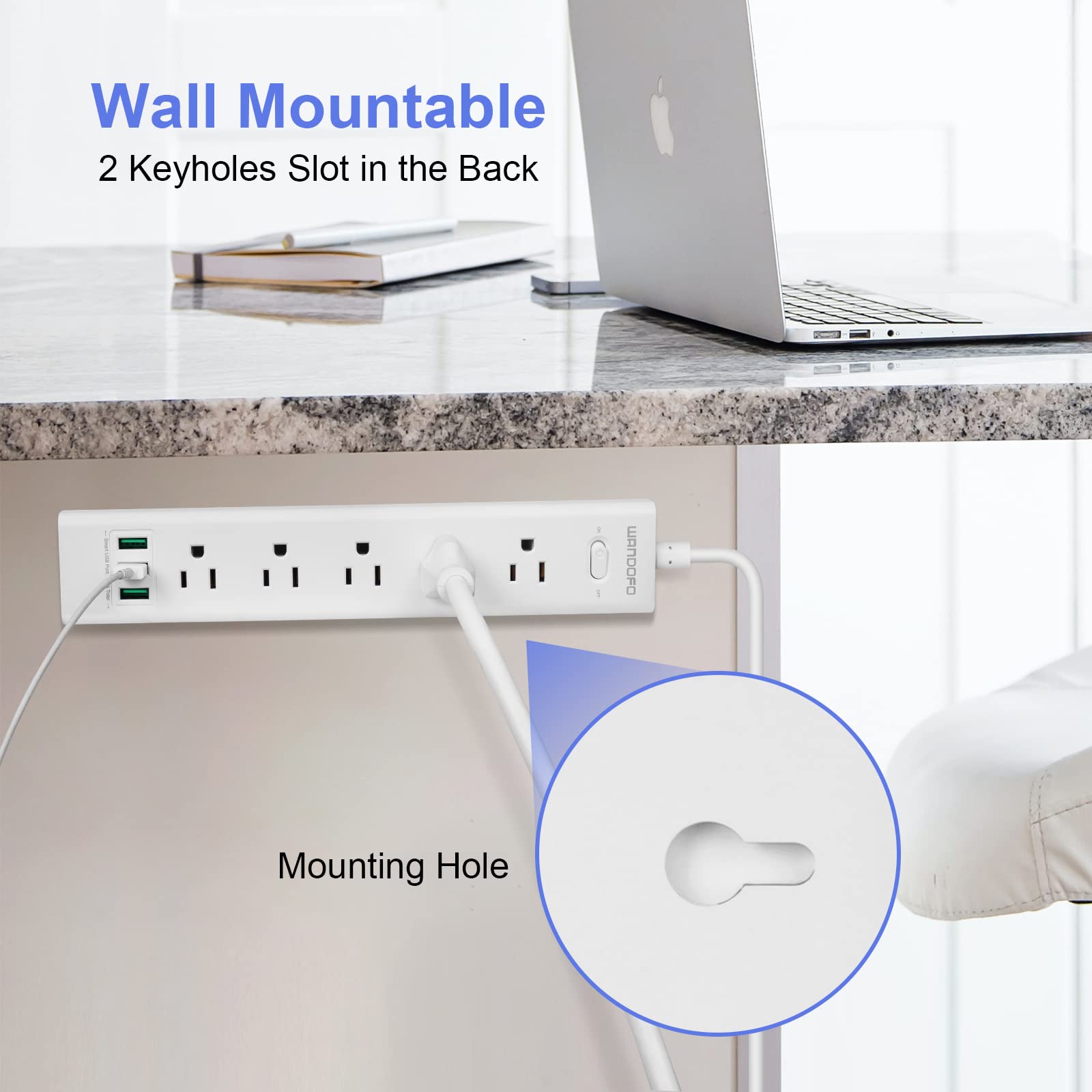 WANDOFO 2 Prong Power Strip, 5 FT Extension Cord Surge Protector, 5 Outlets and 3 USB, 13A/1625W, Polarized Two Prong to Three Prong Outlet Adapter Converter, Wall Mount, White
