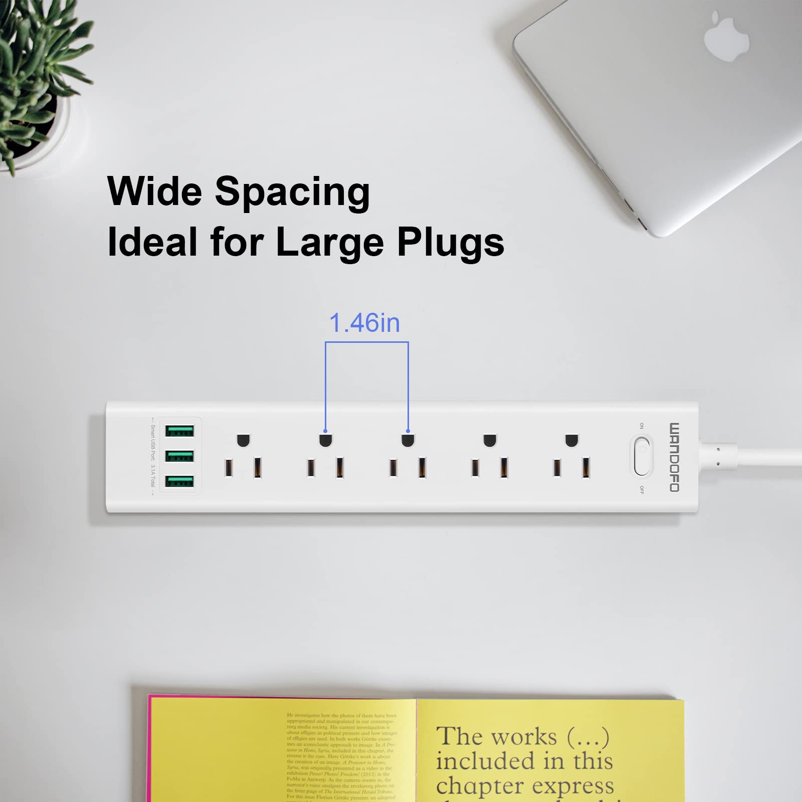 WANDOFO 2 Prong Power Strip, 5 FT Extension Cord Surge Protector, 5 Outlets and 3 USB, 13A/1625W, Polarized Two Prong to Three Prong Outlet Adapter Converter, Wall Mount, White