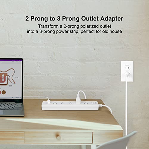 WANDOFO 2 Prong Power Strip, 10FT Long Extension Cord Surge Protector, 5 Outlets and 3 USB, 13A/1625W, Polarized Two Prong to Three Prong Outlet Adapter Converter, Wall Mount, White