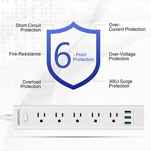 WANDOFO 2 Prong Power Strip, 10FT Long Extension Cord Surge Protector, 5 Outlets and 3 USB, 13A/1625W, Polarized Two Prong to Three Prong Outlet Adapter Converter, Wall Mount, White