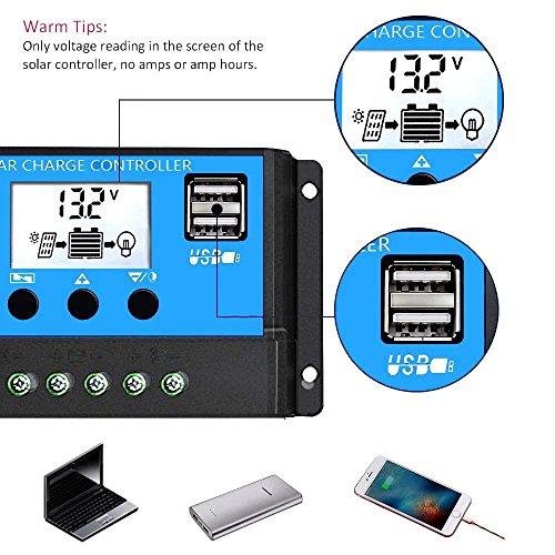 Y&H 30A 12V 24V PWM Solar Charge Controller Compact Design w/LCD Display Dual USB, Solar Panel Regulator fit for Lead-Acid Batteries Open AGM Gel