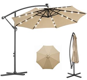 aecojoy 10ft patio outdoor umbrella with solar powered led hanging offset umbrella with cross base, 24 led lights for backyard, beige