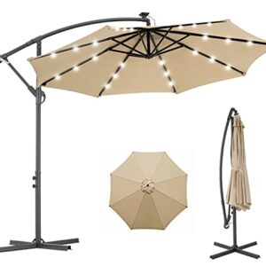 AECOJOY 10FT Patio Outdoor Umbrella with Solar Powered LED Hanging Offset Umbrella with Cross Base, 24 LED Lights for Backyard, Beige