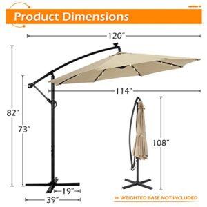 AECOJOY 10FT Patio Outdoor Umbrella with Solar Powered LED Hanging Offset Umbrella with Cross Base, 24 LED Lights for Backyard, Beige