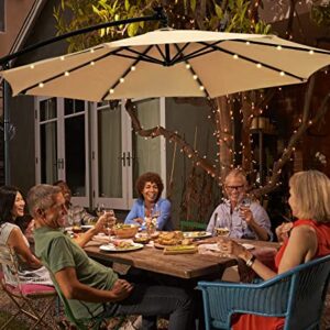 AECOJOY 10FT Patio Outdoor Umbrella with Solar Powered LED Hanging Offset Umbrella with Cross Base, 24 LED Lights for Backyard, Beige