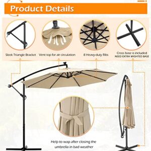 AECOJOY 10FT Patio Outdoor Umbrella with Solar Powered LED Hanging Offset Umbrella with Cross Base, 24 LED Lights for Backyard, Beige