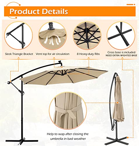 AECOJOY 10FT Patio Outdoor Umbrella with Solar Powered LED Hanging Offset Umbrella with Cross Base, 24 LED Lights for Backyard, Beige