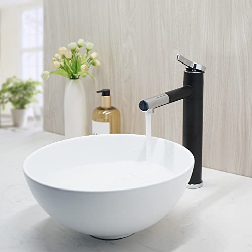 Round Bathroom Sink 13" Bathroom Sinks and Chrome Faucets Above Counter White Vessel Sinks Black Mixer Faucet Round Ceramic Bathroom Vessel Vanity Sink Art Basin