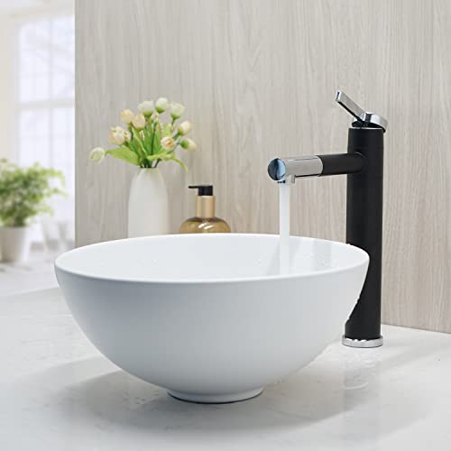 Round Bathroom Sink 13" Bathroom Sinks and Chrome Faucets Above Counter White Vessel Sinks Black Mixer Faucet Round Ceramic Bathroom Vessel Vanity Sink Art Basin