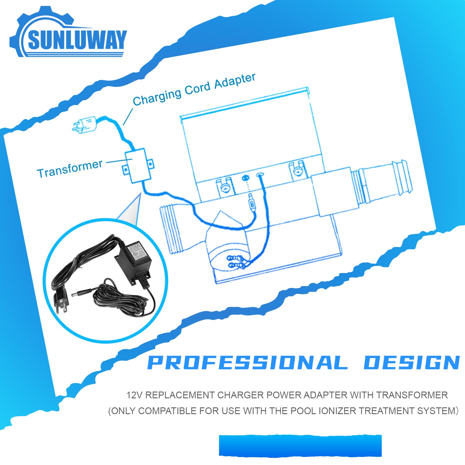 Sunluway 460304 Ionizer Transformer, Replacement Charger Power Adapter with Transformer (Only Compatible for Use with The Pool Ionizer Treatment System）