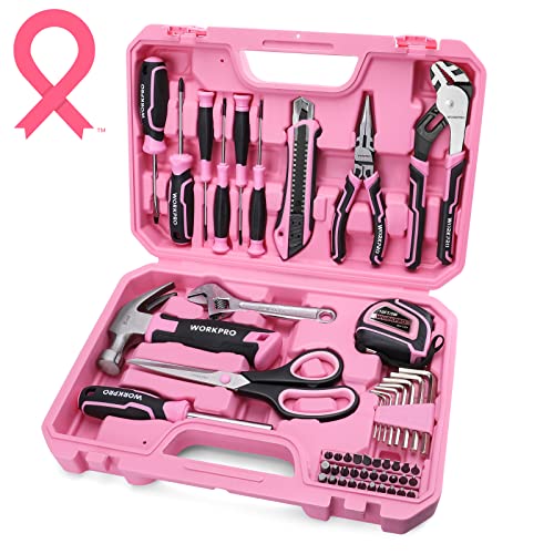 WORKPRO 52-Piece Pink Tools Set, Household Tool Kit with Storage Toolbox, Basic Tool Set for Home, Garage, Apartment, Dorm, New House, Back to School, and as a Gift - Pink Ribbon