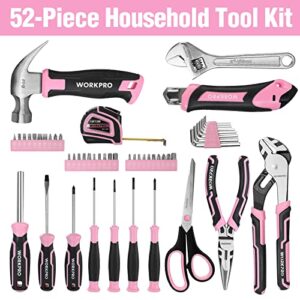 WORKPRO 52-Piece Pink Tools Set, Household Tool Kit with Storage Toolbox, Basic Tool Set for Home, Garage, Apartment, Dorm, New House, Back to School, and as a Gift - Pink Ribbon