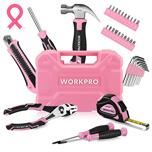 WORKPRO 35-Piece Pink Tools Set, Household Tool Kit with Storage Toolbox, Basic Tool Set for Home, Garage, Apartment, Dorm, New House, Back to School, and as a Gift - Pink Ribbon