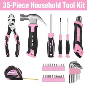 WORKPRO 35-Piece Pink Tools Set, Household Tool Kit with Storage Toolbox, Basic Tool Set for Home, Garage, Apartment, Dorm, New House, Back to School, and as a Gift - Pink Ribbon