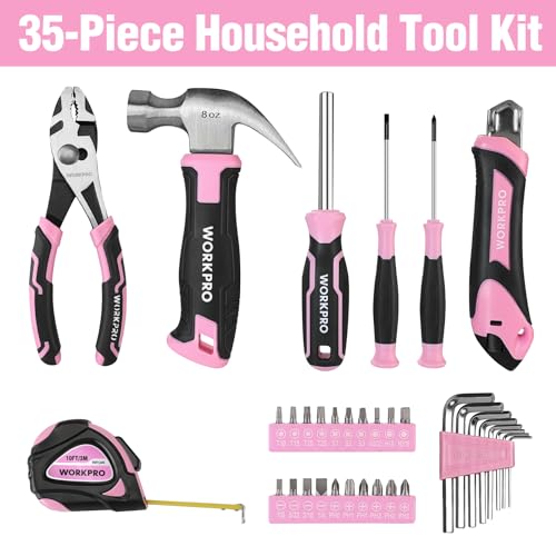 WORKPRO 35-Piece Pink Tools Set, Household Tool Kit with Storage Toolbox, Basic Tool Set for Home, Garage, Apartment, Dorm, New House, Back to School, and as a Gift - Pink Ribbon