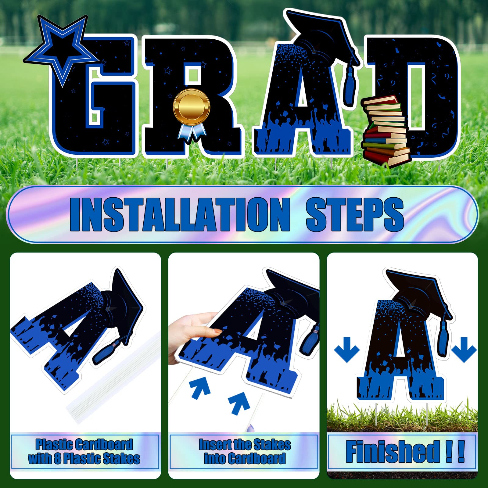 43 Inch Grad Yard Signs Graduation Decoration 2023 Graduation Lawn Sign Glitter Waterproof Congrats Grad Sign with Stakes for Graduation Party Outdoor Garden Decorations Supplies (Blue)