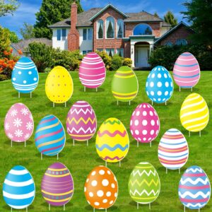 adxco 18 pieces easter colorful eggs yard signs with stakes and string double-side print outdoor easter spotted eggs yard decorations waterproof lawn decorations for easter party supplies