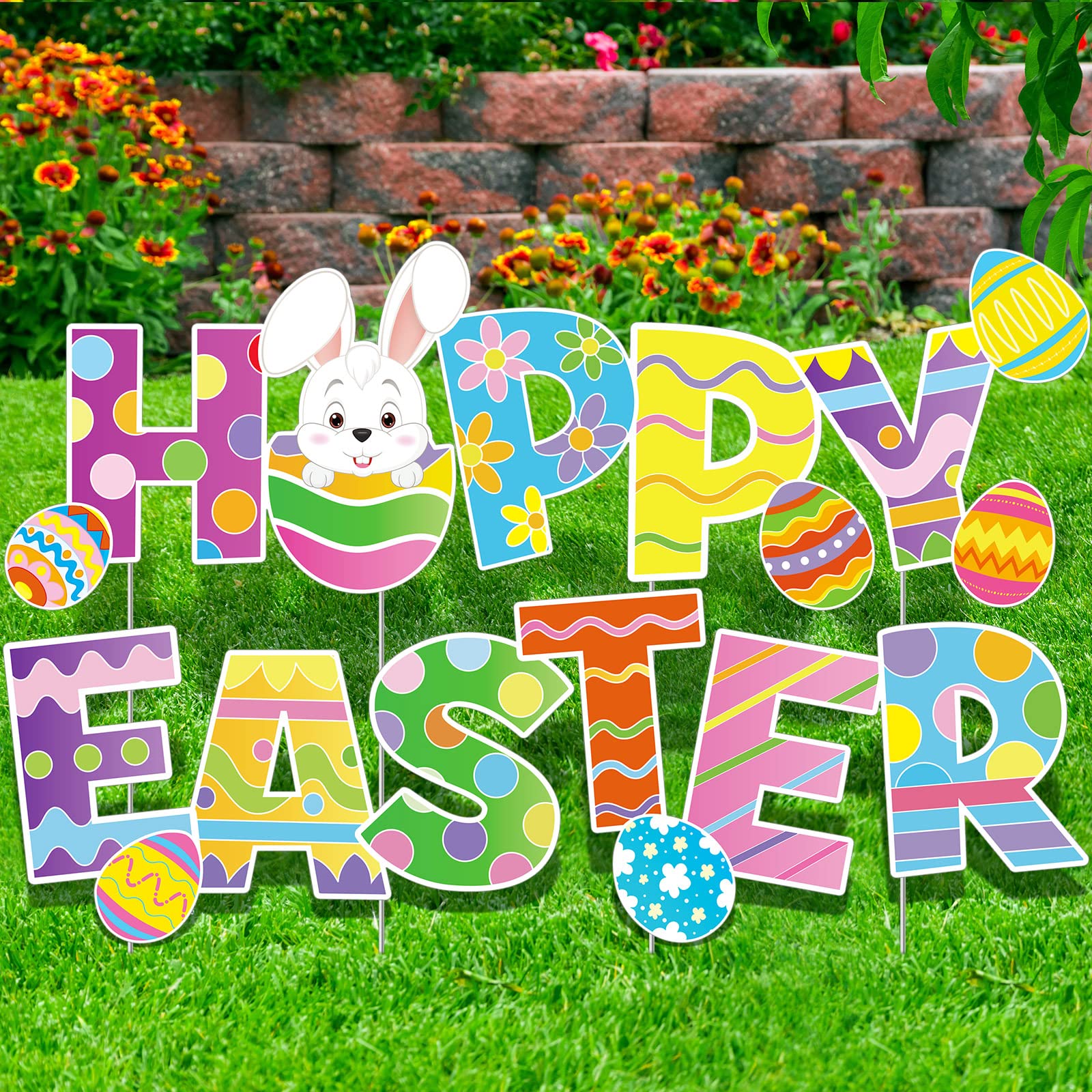 4 Pieces Happy Easter Yard Signs Decorations Outdoor Lawn Decorations Eggs Yard Stake Sign Bunny Easter Outdoor Decorative Stake Signs with 16 Plastic Stakes for Easter Garden Yard Party Supplies Prop