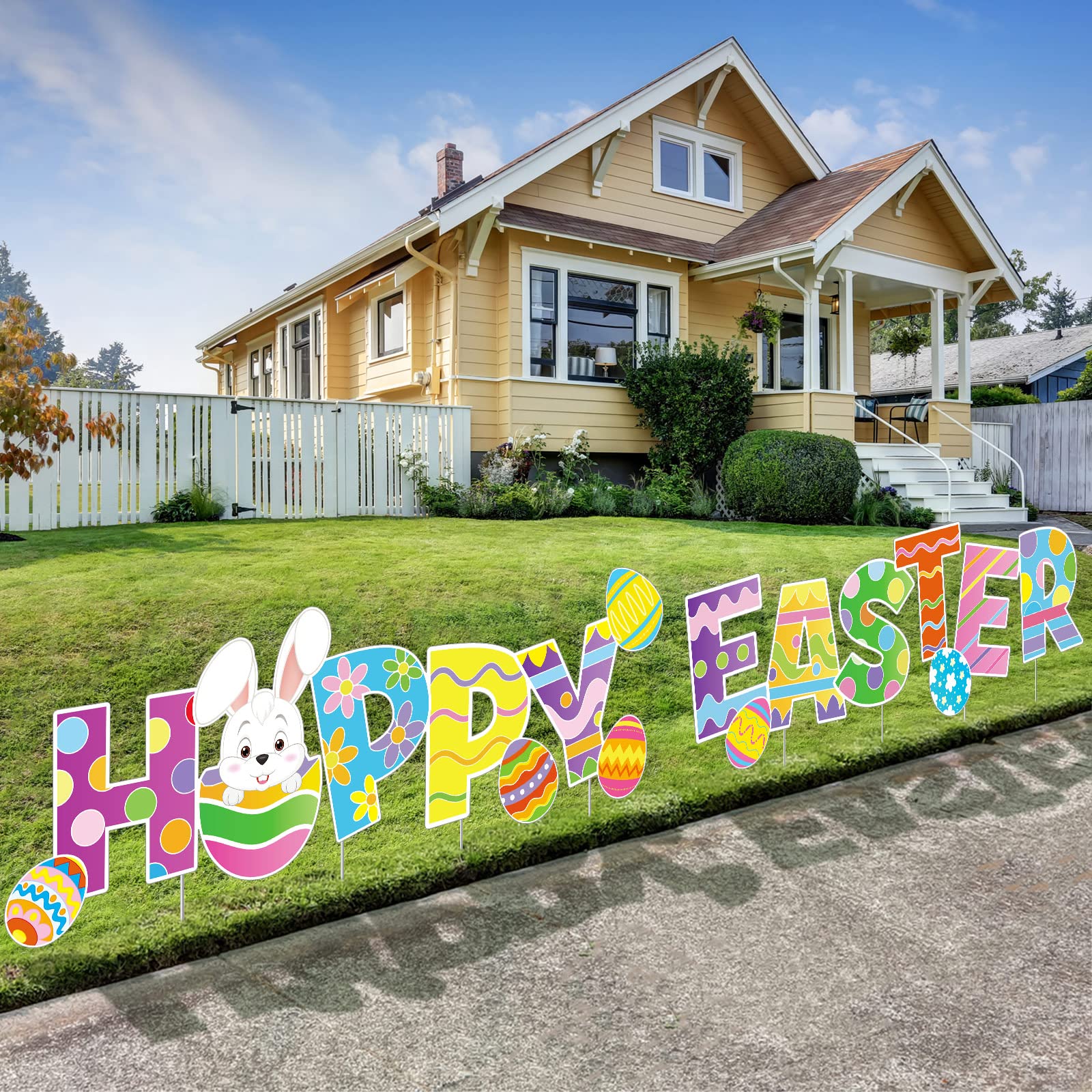 4 Pieces Happy Easter Yard Signs Decorations Outdoor Lawn Decorations Eggs Yard Stake Sign Bunny Easter Outdoor Decorative Stake Signs with 16 Plastic Stakes for Easter Garden Yard Party Supplies Prop