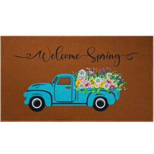 spring floral decorative welcome door mat colorful flowers truck indoor outdoor non-slip summer doormat home entryway farmhouse decor front door mat for outside porch entrance, 30" x 17", brown rug