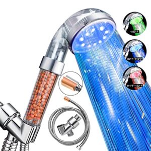 amassmile® led shower head with hose and bracket - color changes with water temperature filter filtration high pressure water saving handheld showerheads for dry skin & hair