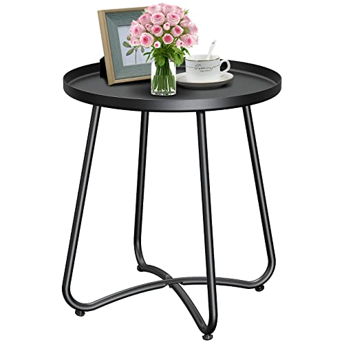 Icerona Outdoor Side Table, Small Round End Table with Tray top, Waterproof Metal Patio Side Table for Garden Balcony Entryway, Easy Assembly