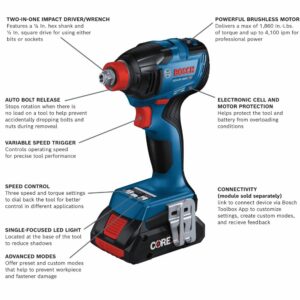 BOSCH GDX18V-1860CB25 18V Connected-Ready Two-In-One 1/4 In. and 1/2 In. Bit/Socket Impact Driver/Wrench Kit with (2) CORE18V® 4 Ah Advanced Power Batteries and (1) Connectivity Module