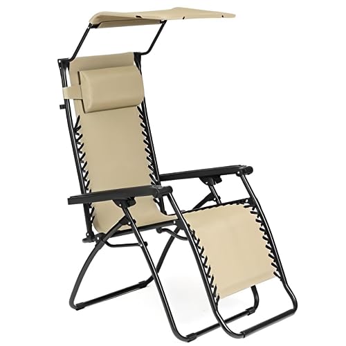 Elly Décor Adjustable Steel Mesh Zero Gravity Recliner with Pillows and Canopy, Lockable Anti-Slip Design, Folding Patio Beach Chair, Comfortable Seat for Outdoor Tanning, Patio Beach Recliner Chair