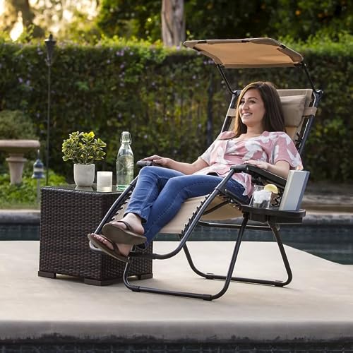 Elly Décor Adjustable Steel Mesh Zero Gravity Recliner with Pillows and Canopy, Lockable Anti-Slip Design, Folding Patio Beach Chair, Comfortable Seat for Outdoor Tanning, Patio Beach Recliner Chair