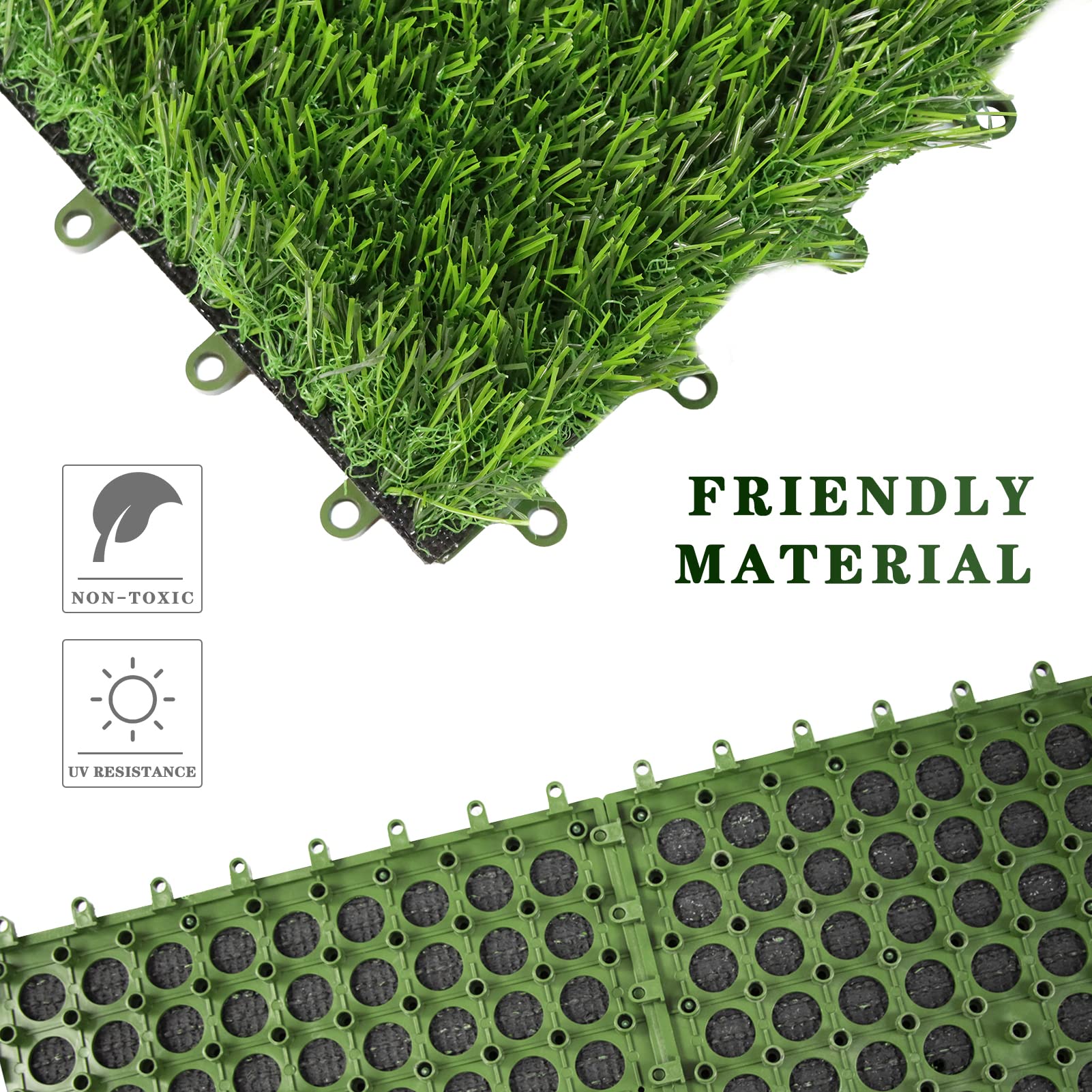 CJNLON 12"x12" Artificial Grass Tiles, 9 Packs Self-draining Fake Grass Turf Tiles Set for Flooring Decor, Dog Pads Indoor Outdoor 1.57'' in Pile Height