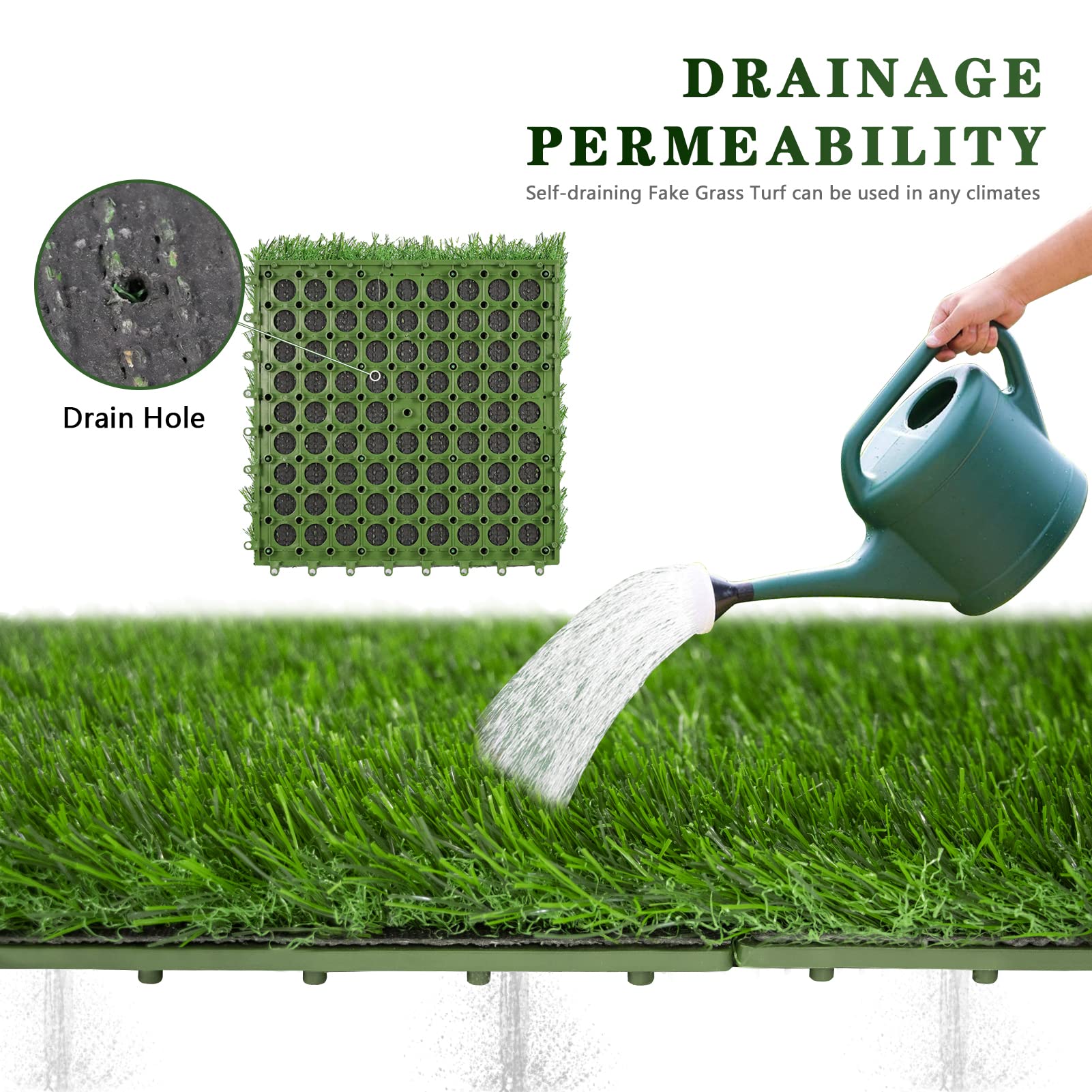 CJNLON 12"x12" Artificial Grass Tiles, 9 Packs Self-draining Fake Grass Turf Tiles Set for Flooring Decor, Dog Pads Indoor Outdoor 1.57'' in Pile Height